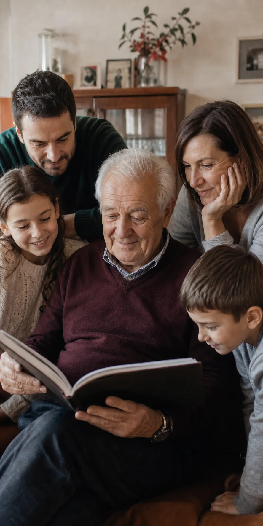 Familie adunată în jurul unei cărți ținute în mână de autorul vârstnic