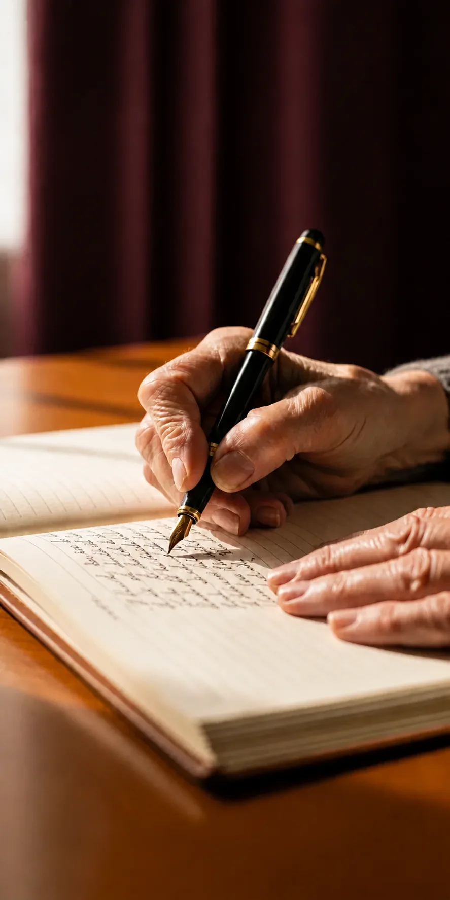 Mâini scriind într-un caiet de memorii personale